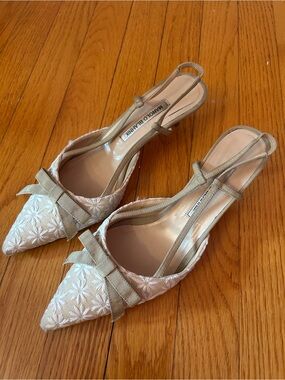 Manolo Blahnik White and Beige Embroidered Pointed Slingback Heels